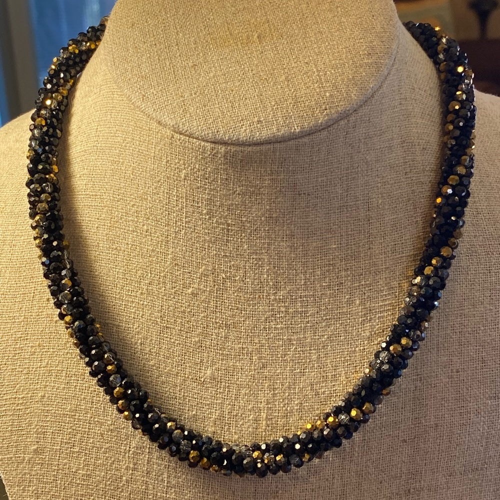 Anne Klein Necklace Signed Hangtag Vintage Black & Gold Tone Beaded Crystal Tube